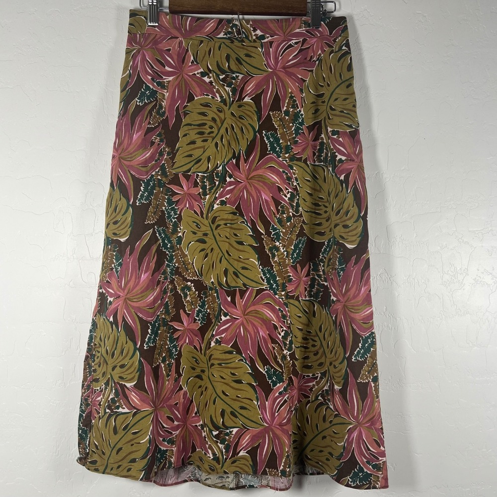 Madewell Tropical Monstera Linen Blend Midi Skirt Brown Pink N9992 Size 4